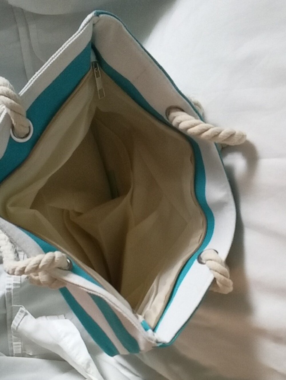 NWT Striped Turquoise and White Rope-Handle Tote - Picture 3 of 3